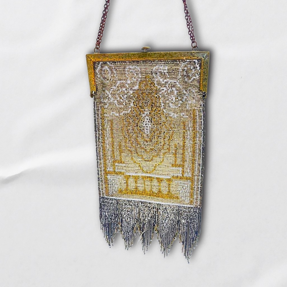 Antique French Micro-Glass Bead & Tasseled Tapestry Purse